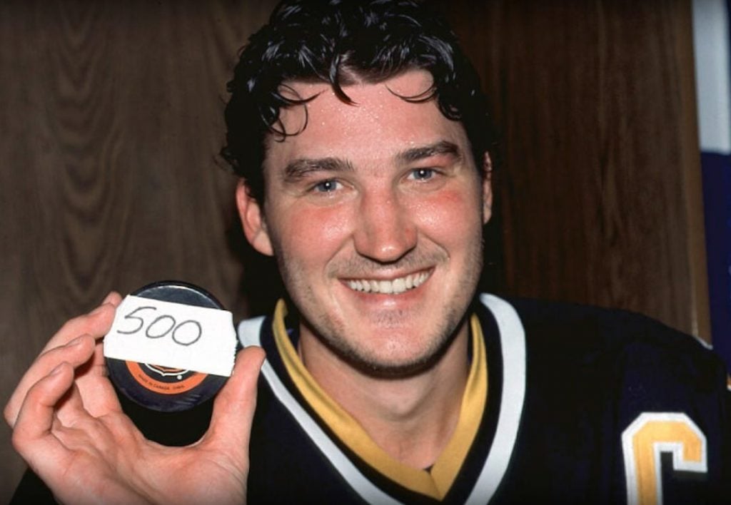 Mario Lemieux with his 500th goal puck