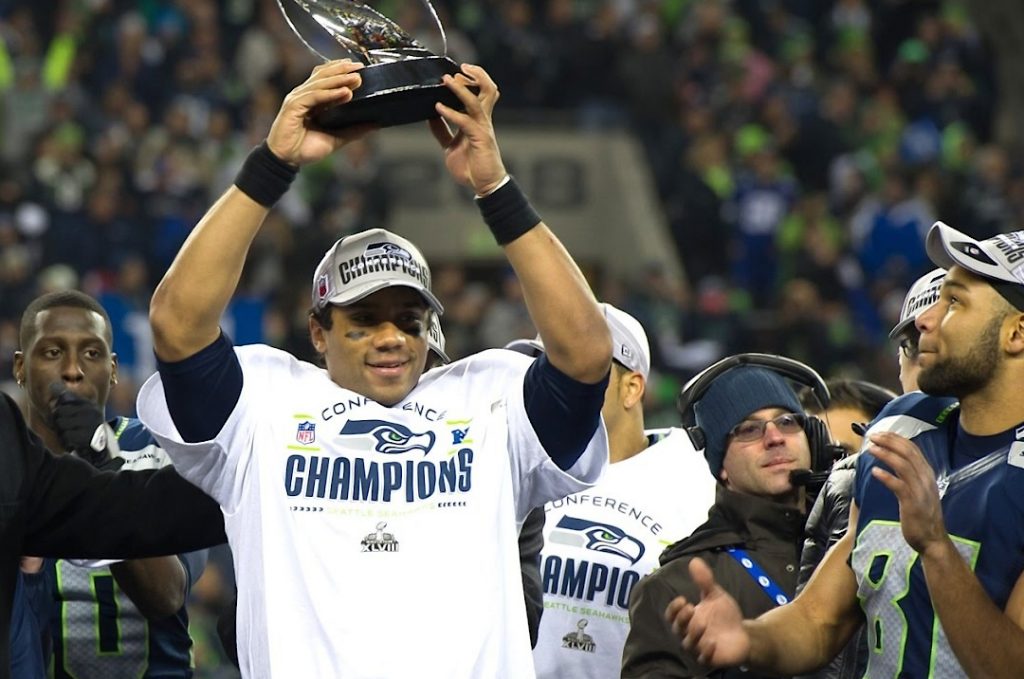 The Seattle Seahawks celebrating with the 2013 Super Bowl