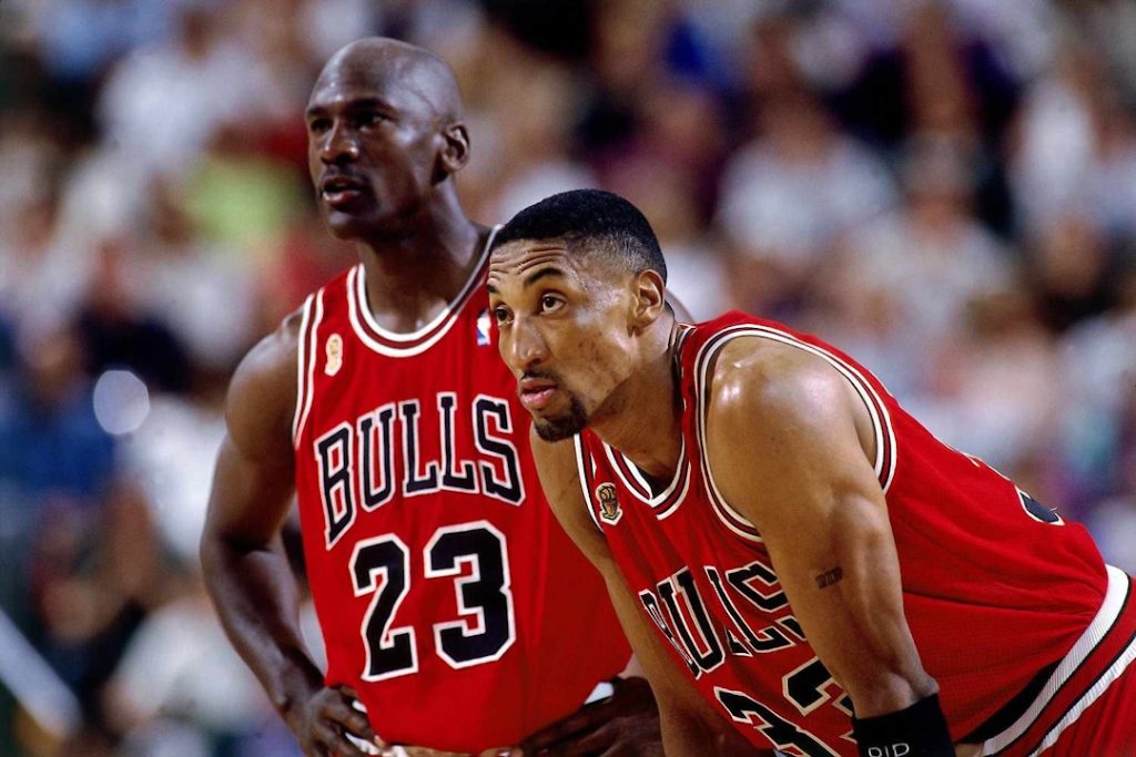 The Chicago Bulls players Scottie Pippen and Michael Jordan