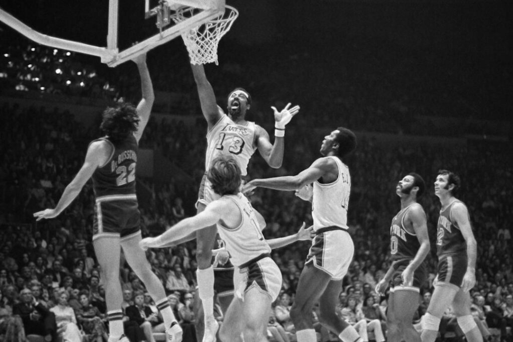 Wilt Chamberlain going for a dunk in 1971