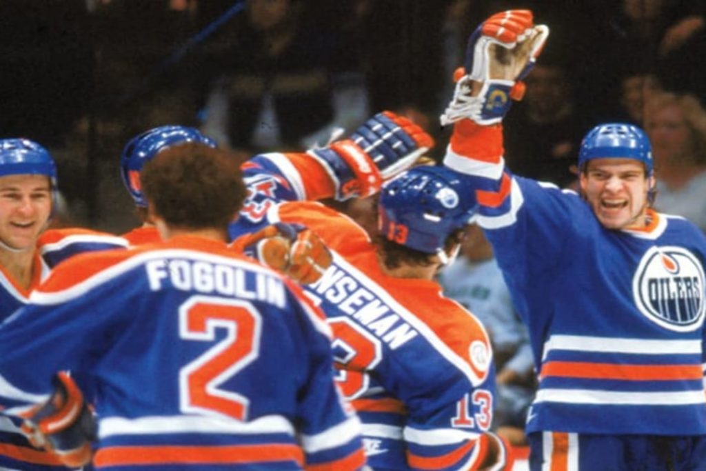 The Edmonton Oilers celebrating together in 1984