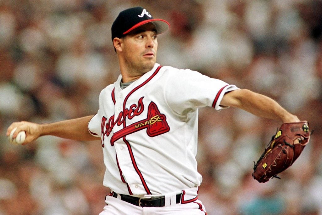 Greg Maddux throwing a pitch for the Atlanta Braves