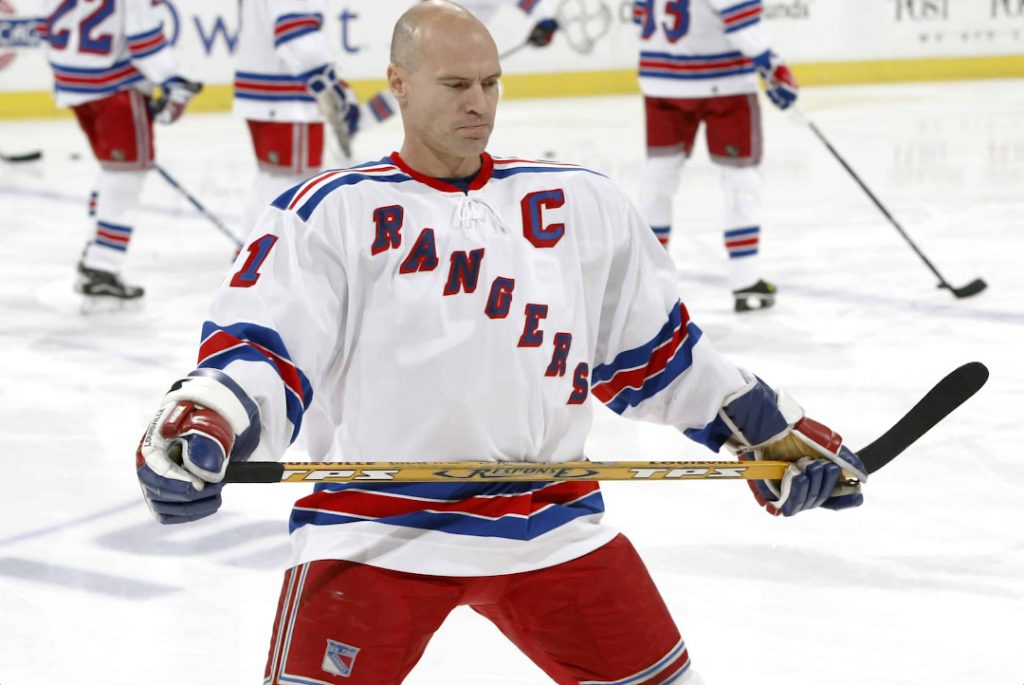 Mark Messier skating in a warm-up testimonial game