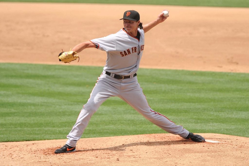 Randy Johnson throwing a pitch for the San Francisco Giants