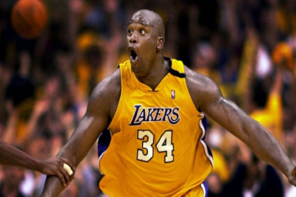 Shaquille O’Neal celebrates for the Lakers