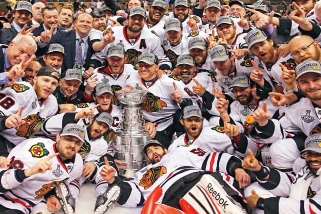 The Chicago Blackhawks celebrating their 2013 Stanley Cup win.