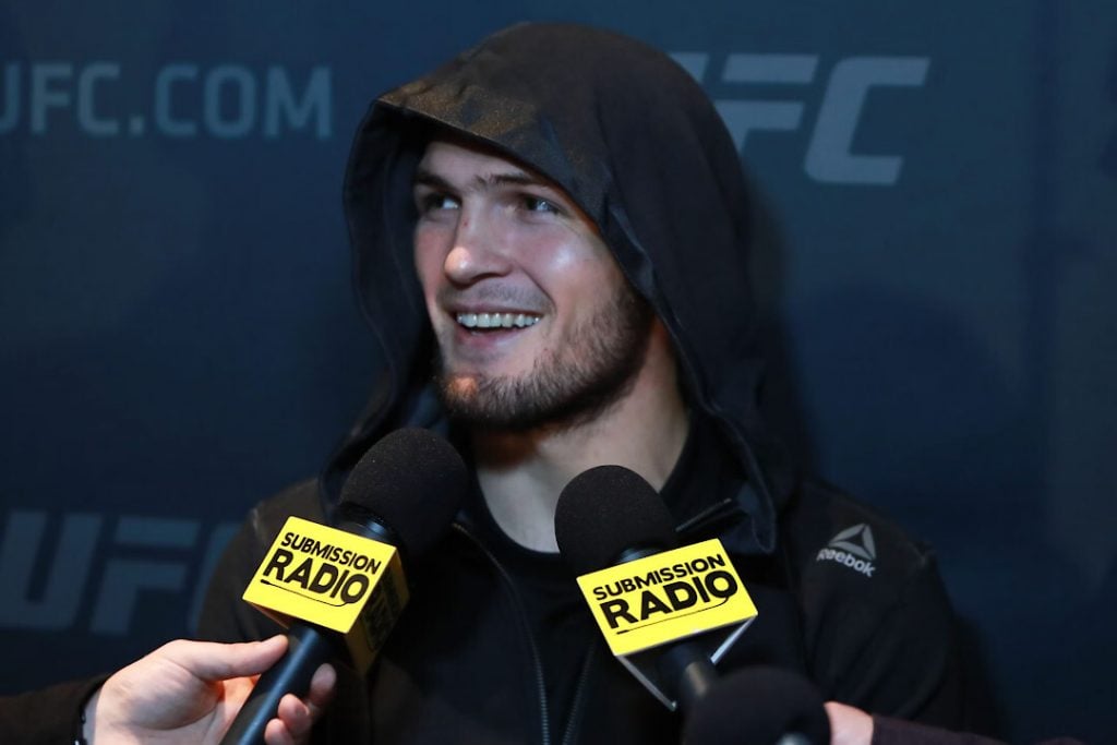 The best UFC fighter ever Khabib Nurmagomedov smiling during an interview