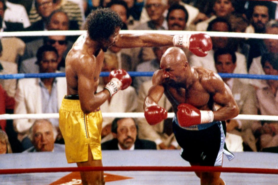 Two of the best boxers of all time, Marvin Hagler and Tommy Hearns fighting