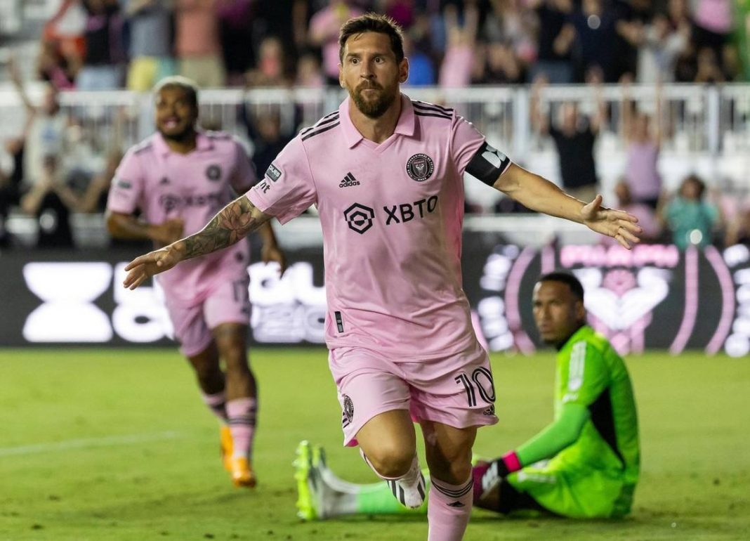 Messi celebrating a goal scored for Inter Miami