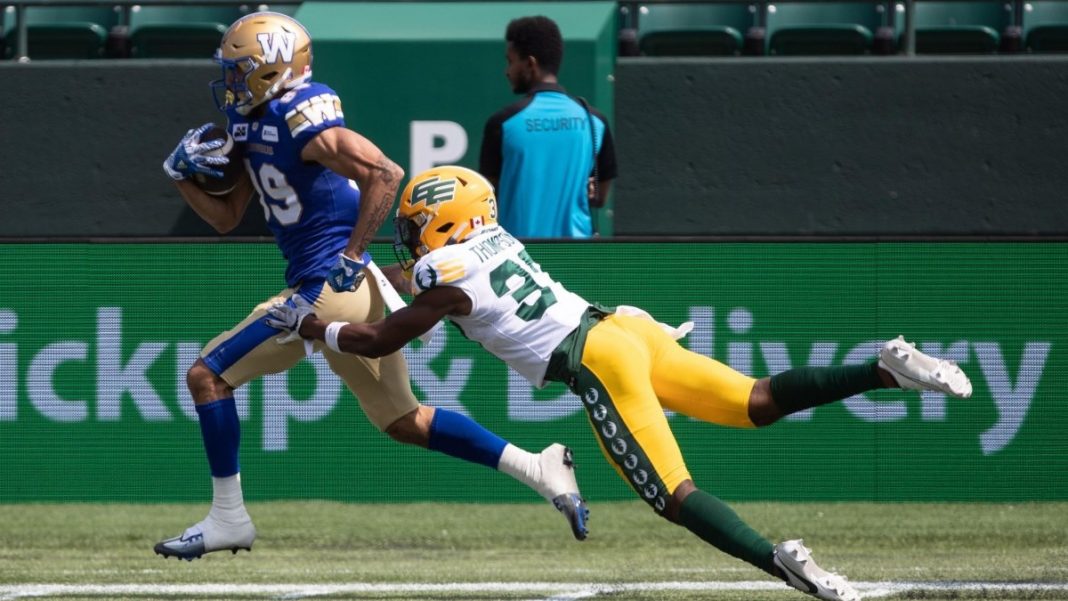 Winnipeg Blue Bombers player trying to avoid a diving tackle