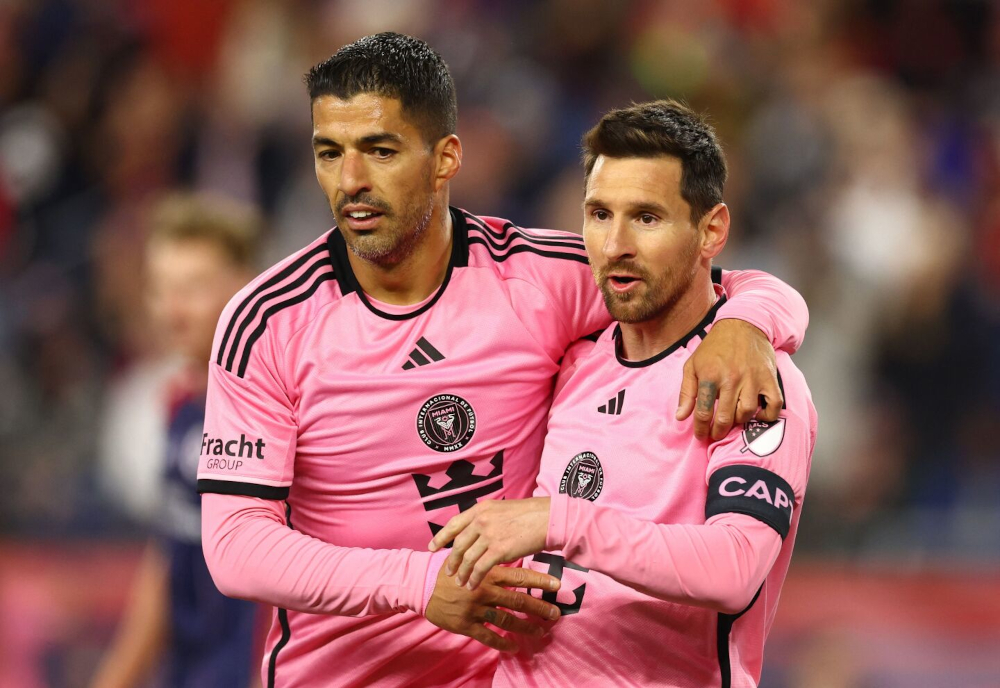 Messi and Suarez celebrate a goal for Inter Miami