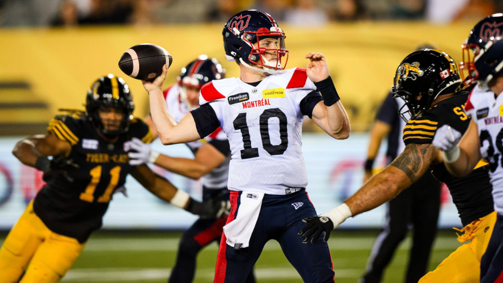 Davis Alexander lining up a pass for the Montreal Alouettes.