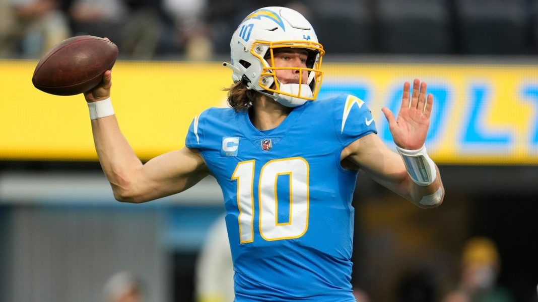 A LA Chargers quarterback looking for a pass during a game