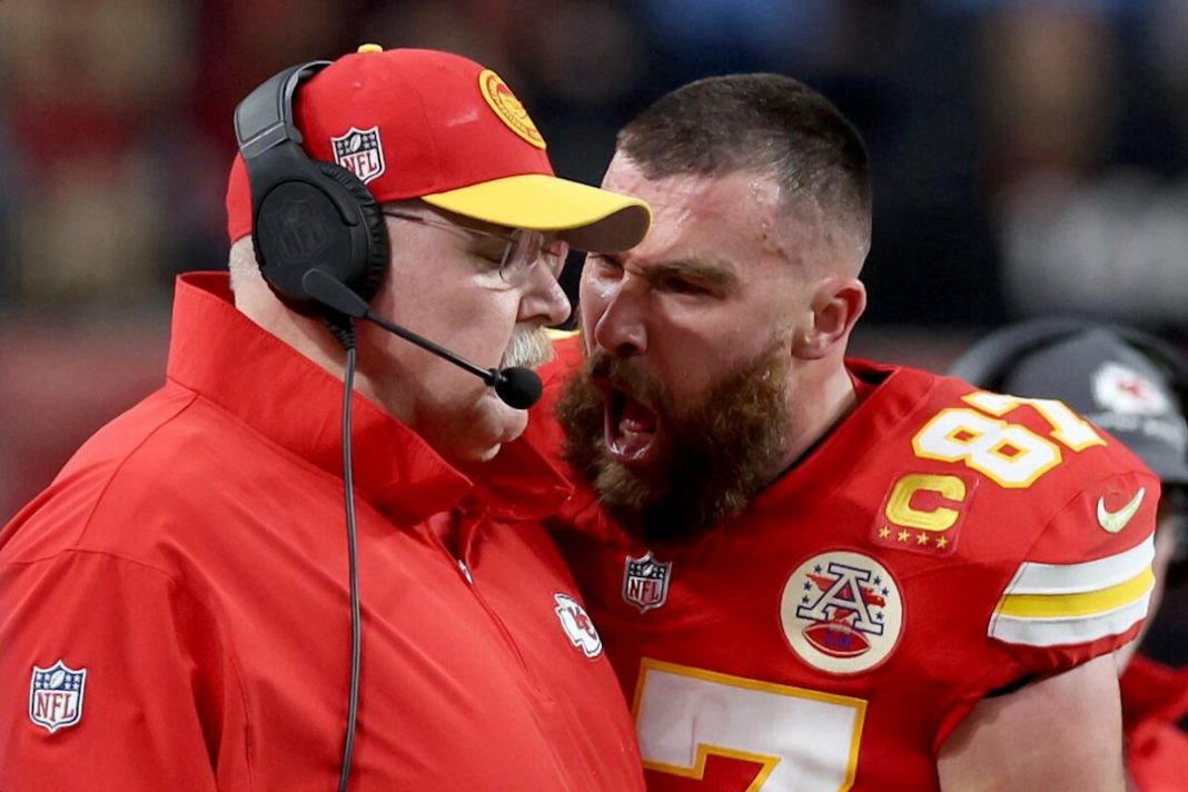 Travis Kelce screaming in the face of Andy Reid