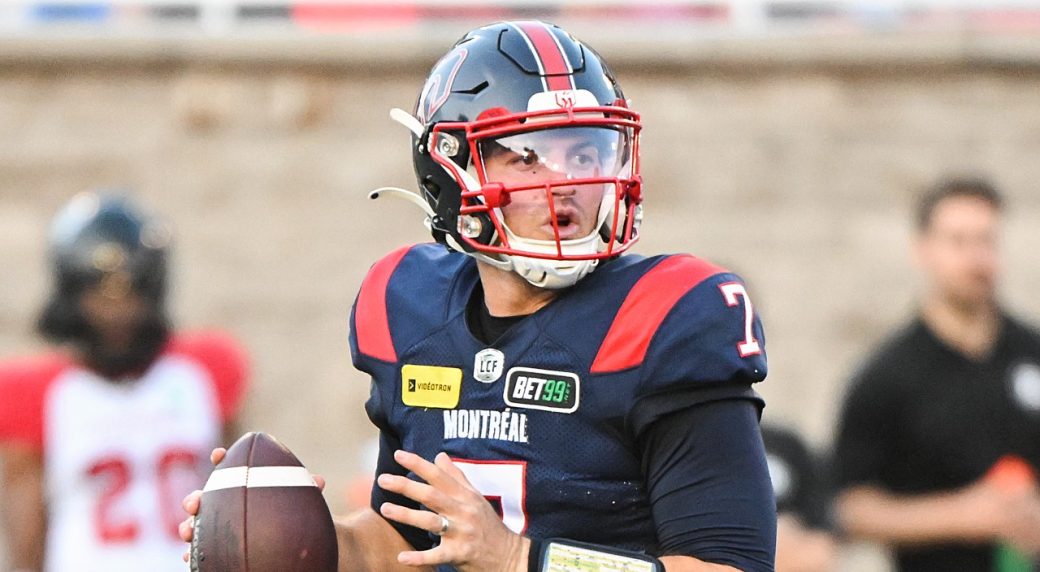 Cody Fajardo lining up a pass for the Montreal Alouettes.