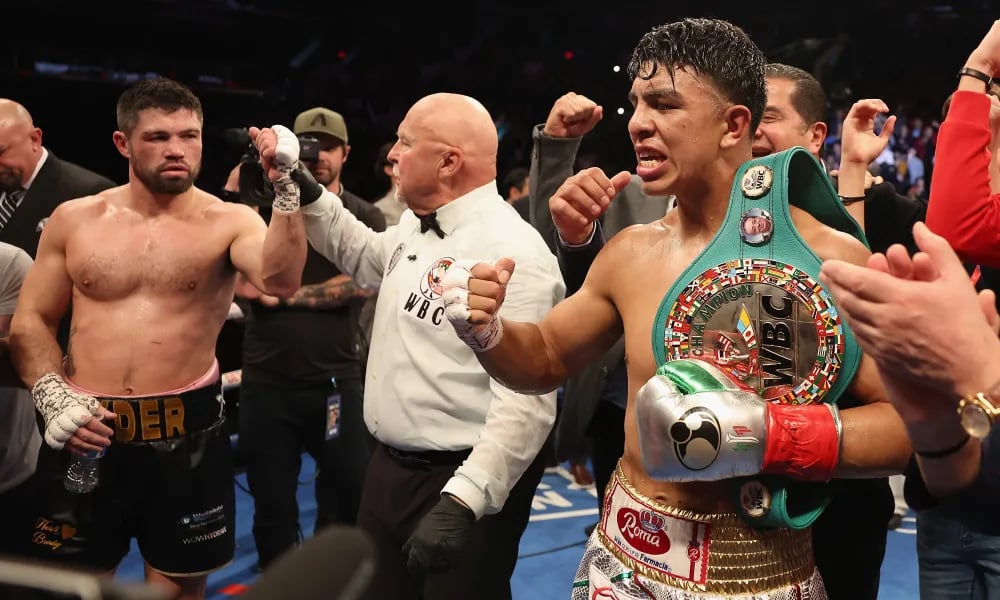 Jaime Munguia with his belt after a victory.