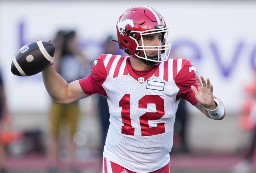 Jake Maier lining up a pass for the Calgary Stampeders.