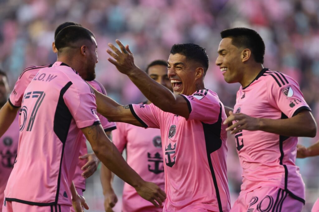 Luis Suarez celebrates a goal for Inter Miami.