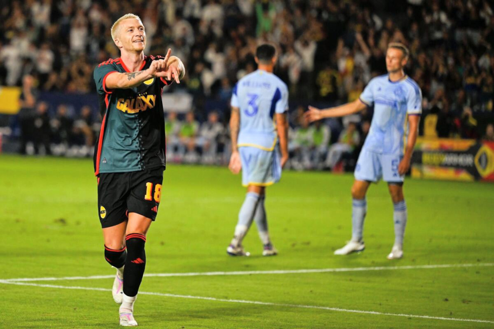 Marco Reus celebrates his debut goal for LA Galaxy.