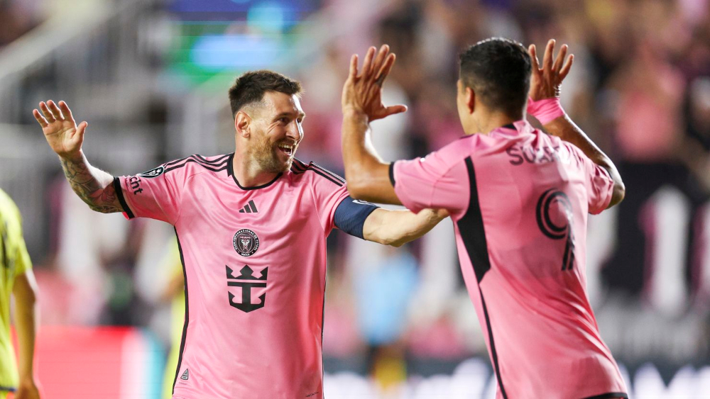 Lionel Messi and Luis Suarez celebrating a goal for Inter Miami.